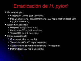 Erradicación de
Erradicación de H. pylori
H. pylori
 Esquema triple:
Esquema triple:
 Omeprazol 20 mg (dos veces/día)
Omeprazol 20 mg (dos veces/día)
 Más 2: amoxicilina, 1g; claritromicina, 500 mg; o metronidazol, 500
Más 2: amoxicilina, 1g; claritromicina, 500 mg; o metronidazol, 500
mg (dos veces/día)
mg (dos veces/día)
 Esquema Secuencial
Esquema Secuencial
 Omeprazol 20 mg (2 veces al día)
Omeprazol 20 mg (2 veces al día)
 Klaritromicina 500 mg c/12 h por 5 dias
Klaritromicina 500 mg c/12 h por 5 dias
 Tinidazol 500 mg c/12 h por 5 dias
Tinidazol 500 mg c/12 h por 5 dias
 Esquema cuádruple
Esquema cuádruple
 Omeprazol (dos veces/día)
Omeprazol (dos veces/día)
 Tetraciclina HCl 500 mg (4 veces/día)
Tetraciclina HCl 500 mg (4 veces/día)
 Subsalicilato o subcitrato de bismuto (4 veces/día)
Subsalicilato o subcitrato de bismuto (4 veces/día)
 Metronidazol 500 mg (3 veces/día)
Metronidazol 500 mg (3 veces/día)
 