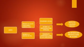 AINES 
ISQUEMIA LOCAL 
ALTERA LA PROLIFERACION EPITELIAL 
DISMINUYE LAPRODUCCION DE BICARBONATO 
DEFECTO CALIDAD MOCO 
INCREMENTAN PRODUCCION DE ACIDO 
REDUCE EL FLUJO SANGUINEO SUBMUCOSO 
INHIBEN LA SINTESIS DE PG  