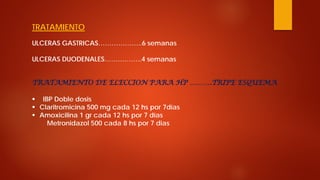 TRATAMIENTO ULCERAS GASTRICAS………………..6 semanas ULCERAS DUODENALES……………..4 semanas TRATAMIENTO DE ELECCION PARA HP ……….TRIPE ESQUEMA 
 
IBP Doble dosis 
 
Claritromicina 500 mg cada 12 hs por 7días 
 
Amoxicilina 1 gr cada 12 hs por 7 días Metronidazol 500 cada 8 hs por 7 dias  