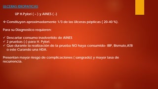 ULCERAS IDIOPATICAS UP H.Pylori ( – ) y AINES ( -) 
 
Constituyen aproximadamente 1/3 de las Ulceras pépticas ( 20-40 %). Para su Diagnostico requieren: 
 
Descartar consumo inadvertido de AINES 
 
2 pruebas (-) para H. Pylori. 
 
Que durante la realización de la prueba NO haya consumido- IBP, Bismuto,ATB o este Curando una HDA. Presentan mayor riesgo de complicaciones ( sangrado) y mayor tasa de recurrencia.  