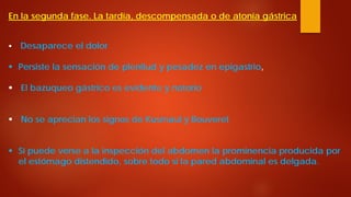 En la segunda fase. La tardía, descompensada o de atonía gástrica 
 
Desaparece el dolor 
 
Persiste la sensación de plenitud y pesadez en epigastrio, 
 
El bazuqueo gástrico es evidente y notorio 
 
No se aprecian los signos de Kusmaul y Bouveret 
 
Sí puede verse a la inspección del abdomen la prominencia producida por el estómago distendido, sobre todo si la pared abdominal es delgada.  