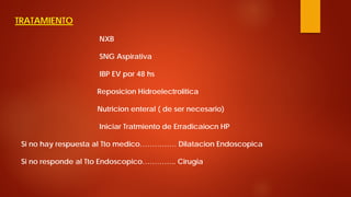 TRATAMIENTO NXB SNG Aspirativa IBP EV por 48 hs Reposicion Hidroelectrolitica Nutricion enteral ( de ser necesario) Iniciar Tratmiento de Erradicaiocn HP Si no hay respuesta al Tto medico…………… Dilatacion Endoscopica Si no responde al Tto Endoscopico………….. Cirugia  