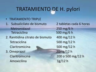 TRATAMIENTO DE H. pylori
• TRATAMIENTO TRIPLE
1. Subsalicilato de bismuto 2 tabletas cada 6 horas
Metronidazol 250 mg/6 h
Tetraciclina 500 mg/6 h
2. Ranitidina citrato de bismuto 400 mg/12 h
Tetraciclina 500 mg/12 h
Claritromicina 500 mg/12 h
3. Omeprazol 20mg/12 h
Claritromicina 200 o 500 mg/12 h
Amoxicilina 1g/12 h
 