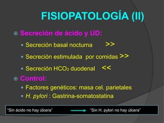 FISIOPATOLOGÍA (II)
      Secreción de ácido y UD:
        Secreción basal nocturna        >>
        Secreción estimulada por comidas >>

        Secreción HCO3 duodenal       <<
      Control:
        Factores genéticos: masa cel. parietales
        H. pylori : Gastrina-somatostatina

“Sin ácido no hay úlcera”        “Sin H. pylori no hay úlcera”
 