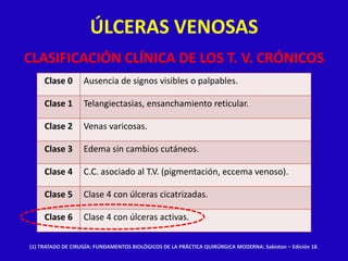 ÚLCERAS VENOSAS
CLASIFICACIÓN CLÍNICA DE LOS T. V. CRÓNICOS
     Clase 0       Ausencia de signos visibles o palpables.

     Clase 1       Telangiectasias, ensanchamiento reticular.

     Clase 2       Venas varicosas.

     Clase 3       Edema sin cambios cutáneos.

     Clase 4       C.C. asociado al T.V. (pigmentación, eccema venoso).

     Clase 5       Clase 4 con úlceras cicatrizadas.

     Clase 6       Clase 4 con úlceras activas.

(1) TRATADO DE CIRUGÍA: FUNDAMENTOS BIOLÓGICOS DE LA PRÁCTICA QUIRÚRGICA MODERNA: Sabiston – Edición 18.
 