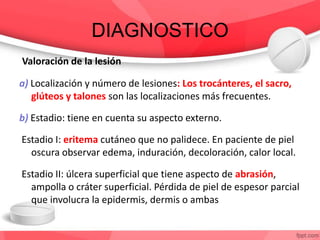 DIAGNOSTICO
Valoración de la lesión
a) Localización y número de lesiones: Los trocánteres, el sacro,
glúteos y talones son las localizaciones más frecuentes.
b) Estadio: tiene en cuenta su aspecto externo.
Estadio I: eritema cutáneo que no palidece. En paciente de piel
oscura observar edema, induración, decoloración, calor local.
Estadio II: úlcera superficial que tiene aspecto de abrasión,
ampolla o cráter superficial. Pérdida de piel de espesor parcial
que involucra la epidermis, dermis o ambas
 