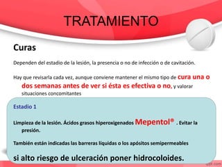 TRATAMIENTO
Curas
Dependen del estadio de la lesión, la presencia o no de infección o de cavitación.
Hay que revisarla cada vez, aunque conviene mantener el mismo tipo de cura una o
dos semanas antes de ver si ésta es efectiva o no, y valorar
situaciones concomitantes
Estadio 1
Limpieza de la lesión. Ácidos grasos hiperoxigenados Mepentol® . Evitar la
presión.
También están indicadas las barreras líquidas o los apósitos semipermeables
si alto riesgo de ulceración poner hidrocoloides.
 