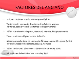 FACTORES DEL ANCIANO
• Lesiones cutáneas: envejecimiento y patológicas.
• Trastornos del transporte de oxígeno: Insuficiencia vascular
periférica, estasis venoso, trastornos cardiopulmonares.
• Déficit nutricionales: delgadez, obesidad, anemias, hipoproteinemias.
• Trastornos inmunológicos: cáncer, infección.
• Alteraciones del estado de conciencia: fármacos, confusión, coma. Déficit
motor: ACV (accidente cerebrovascular), fracturas.
• Déficit sensoriales: pérdida de la sensibilidad térmica y dolor.
• Alteraciones de la eliminación: urinaria y fecal.
 