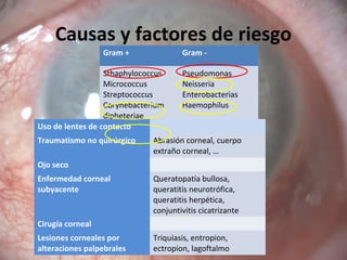 Causas y factores de riesgo
Gram + Gram -
Sthaphylococcus
Micrococcus
Streptococcus
Corynebacterium
dipheteriae
Listeria
monocytogenes
Pseudomonas
Neisseria
Enterobacterias
Haemophilus
Uso de lentes de contacto
Traumatismo no quirúrgico Abrasión corneal, cuerpo
extraño corneal, …
Ojo seco
Enfermedad corneal
subyacente
Queratopatía bullosa,
queratitis neurotrófica,
queratitis herpética,
conjuntivitis cicatrizante
Cirugía corneal
Lesiones corneales por
alteraciones palpebrales
Triquiasis, entropion,
ectropion, lagoftalmo
 