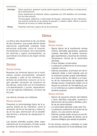 (continuación)
      Arteriales      Úlcera isquémica: aparecen cuando existe isquemia crónica periférica a consecuencia
                      de la arteriosclerosis.
                      Úlcera hipertensiva de Martorell: afecta a pacientes con HTA diastólica mal controlada.
                      Son de mala evolución
                      Tromboangeítis obliterante o enfermedad de Buerger: arteriopatía de tipo inflamatorio
                      que produce trombosis en las arterias de pequeño y mediano calibre. Afecta a varones
                      menores de 40 años con hábito del tabaco
      Mixtas          Presentan síntomas y signos de las dos anteriores




                                                    Clínica
     La clínica será obviamente la de una lesión            SIGNOS
     de tipo ulcerativo, que puede afectar desde
     estructuras superficiales cutáneas hasta               Úlceras venosas
     estructuras profundas, como el músculo,                — Signos típicos de la insuficiencia venosa
     los tendones o los huesos. Son importantes               crónica: dermatitis pigmentaria, esclerosis
     los síntomas y signos acompañantes, ya                   cutánea, dermatitis de estasis, hemorra-
     que indican si la úlcera es de origen venoso             gias espontáneas y eccemas de contacto.
     o arterial.                                            — Temperatura normal de la extremidad
                                                              afectada.
                                                            — Pulsos distales conservados.
     SÍNTOMAS                                               — Localización preferente en la zona supra-
                                                              maleolar interna.
     Úlceras venosas
                                                            — Edemas asociados: al principio son de lo-
     Muestran los síntomas típicos de la insufi-              calización distal, a nivel maleolar, pero en
     ciencia venosa acompañante: sensación                    su evolución pueden acabar extendiéndo-
     de pesadez y calor en los miembros, ca-                  se a toda la pierna. Se deben a un fraca-
     lambres de predominio nocturno en la re-                 so de los mecanismos de regulación del
     gión gemelar, sensación de cansancio en                  drenaje venoso. Inicialmente ceden con el
     las piernas, sobre todo con el ortostatismo              reposo en posición de Trendelenburg, pe-
     o la deambulación, y prurito, especialmen-               ro con el tiempo se vuelven rebeldes al tra-
     te en las regiones maleolares y el dorso de              tamiento postural.
     los pies.
                                                            Úlceras arteriales
     Las úlceras venosas son indoloras.                     — Signos de isquemia arterial: piel brillante
                                                              y seca, distrofias ungueales, ausencia o
     Úlceras arteriales                                       disminución de los pulsos distales y atro-
     Presentan la sintomatología típica de la is-             fia de las extremidades.
     quemia arterial de los miembros, como la               — La extremidad afectada suele estar fría.
     sensación de frío en las piernas y sobre to-           — Localización preferente es la base de los
     do en los pies, disminución de la sensibili-             dedos y la cara externa del pie.
     dad térmica y síntomas de claudicación in-             — Edemas: pueden existir, aunque no son fre-
     termitente.                                              cuentes. Son posturales de declive, por la
                                                              postura antiálgica que adopta el paciente.
     Las úlceras arteriales pueden doler, espe-
     cialmente por la compresión. El dolor puede            En las úlceras venosas y arteriales no suele
     aumentar de intensidad por la noche.                   producirse alteración en la sensibilidad cutá-

52       Manejo de las vasculopatías periféricas en atención primaria
 