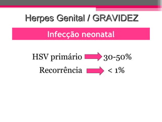 Herpes Genital / GRAVIDEZ
Infecção neonatal
HSV primário
Recorrência

30-50%
< 1%

 
