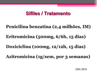 Sífiles / Tratamento
Penicilina benzatina (2,4 milhões, IM)
Eritromicina (500mg, 6/6h, 15 dias)
Doxiciclina (100mg, 12/12h, 15 dias)
Azitromicina (1g/sem, por 3 semanas)
CDC 2010

 