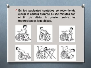 O En los pacientes sentados se recomienda
elevar la cadera durante 15-20 minutos con
el fin de aliviar la presión sobre la...