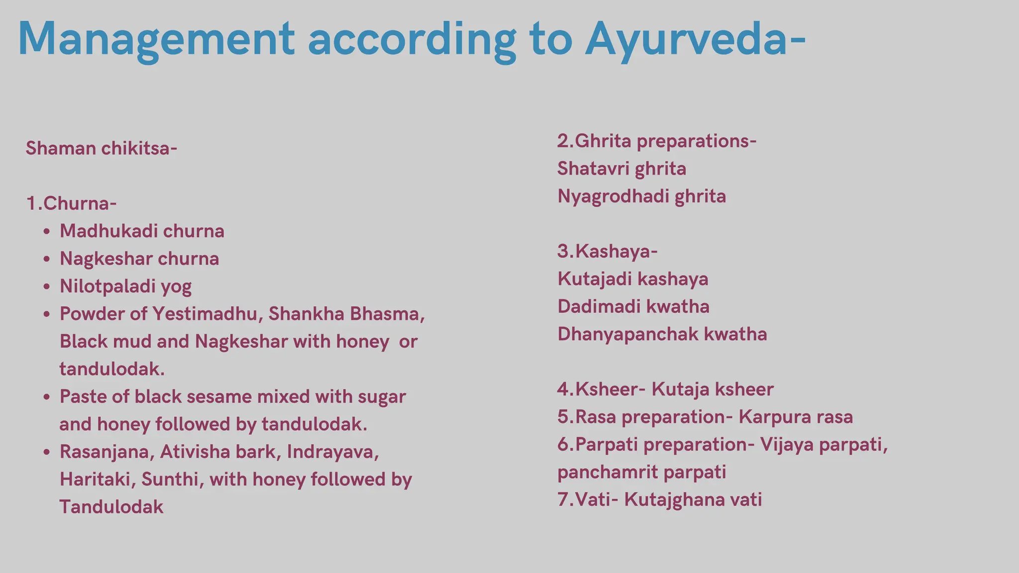 2.Ghrita preparations-
Shatavri ghrita
Nyagrodhadi ghrita
3.Kashaya-
Kutajadi kashaya
Dadimadi kwatha
Dhanyapanchak kwatha
4.Ksheer- Kutaja ksheer
5.Rasa preparation- Karpura rasa
6.Parpati preparation- Vijaya parpati,
panchamrit parpati
7.Vati- Kutajghana vati
Management according to Ayurveda-
Shaman chikitsa-
1.Churna-
Madhukadi churna
Nagkeshar churna
Nilotpaladi yog
Powder of Yestimadhu, Shankha Bhasma,
Black mud and Nagkeshar with honey or
tandulodak.
Paste of black sesame mixed with sugar
and honey followed by tandulodak.
Rasanjana, Ativisha bark, Indrayava,
Haritaki, Sunthi, with honey followed by
Tandulodak
 