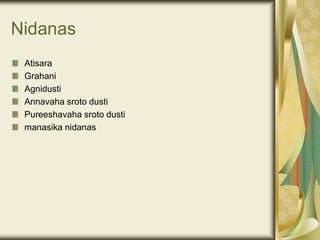 Nidanas
Atisara
Grahani
Agnidusti
Annavaha sroto dusti
Pureeshavaha sroto dusti
manasika nidanas
 