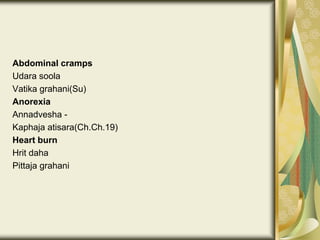 Abdominal cramps
Udara soola
Vatika grahani(Su)
Anorexia
Annadvesha -
Kaphaja atisara(Ch.Ch.19)
Heart burn
Hrit daha
Pittaja grahani
 