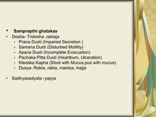 • Samprapthi ghatakas
• Dosha- Tridosha ,raktaja
• Prana Dusti (Impaired Secretion )
• Samana Dusti (Disturbed Motility)
• Apana Dusti (Incomplete Evacuation)
• Pachaka Pitta Dusti (Heartburn, Ulceration)
• Kledaka Kapha (Stool with Mucus,pus with mucus)
• Dusya- Rakta, rakta, mamsa, majja
• Sadhyasadyata -yapya
 