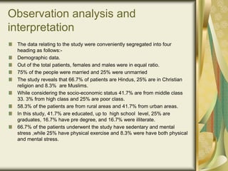 Observation analysis and
interpretation
The data relating to the study were conveniently segregated into four
heading as follows:-
Demographic data.
Out of the total patients, females and males were in equal ratio.
75% of the people were married and 25% were unmarried
The study reveals that 66.7% of patients are Hindus, 25% are in Christian
religion and 8.3% are Muslims.
While considering the socio-economic status 41.7% are from middle class
33. 3% from high class and 25% are poor class.
58.3% of the patients are from rural areas and 41.7% from urban areas.
In this study, 41.7% are educated, up to high school level, 25% are
graduates, 16.7% have pre degree, and 16.7% were illiterate.
66.7% of the patients underwent the study have sedentary and mental
stress ,while 25% have physical exercise and 8.3% were have both physical
and mental stress.
 