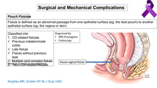 Pouch Fistulae
Surgical and Mechanical Complications
Fistula is defined as an abnormal passage from one epithelial surface (eg, the ileal pouch) to another
epithelial surface (eg, the vagina or skin).
Classified into
1. CD-related fistulae
 Previous indeterminate
colitis
 Late fistula
 Fistula without previous
leak
 Multiple and complex fistula
2. Non-CD–related fistulae
Diagnosed by
• MRI fistulogram
• Endoscopy
Medical or surgical management
Keighley MR, Grobler SP. Br J Surg 1993.
Pouch vaginal fistula
 