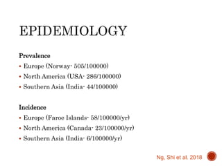 Prevalence
 Europe (Norway- 505/100000)
 North America (USA- 286/100000)
 Southern Asia (India- 44/100000)
Incidence
 Europe (Faroe Islands- 58/100000/yr)
 North America (Canada- 23/100000/yr)
 Southern Asia (India- 6/100000/yr)
Ng, Shi et al. 2018
 