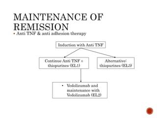 • Vedolizumab and
maintenance with
Vedolizumab (EL2)
Continue Anti TNF ±
thiopurines (EL1)
Induction with Anti TNF
Alternative:
thiopurines (EL3)
 Anti TNF & anti adhesion therapy
 
