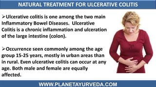 NATURAL TREATMENT FOR ULCERATIVE COLITIS
Ulcerative colitis is one among the two main
Inflammatory Bowel Diseases. Ulcerative
Colitis is a chronic inflammation and ulceration
of the large intestine (colon).
Occurrence seen commonly among the age
group 15-25 years, mostly in urban areas than
in rural. Even ulcerative colitis can occur at any
age. Both male and female are equally
affected.
WWW.PLANETAYURVEDA.COM

 