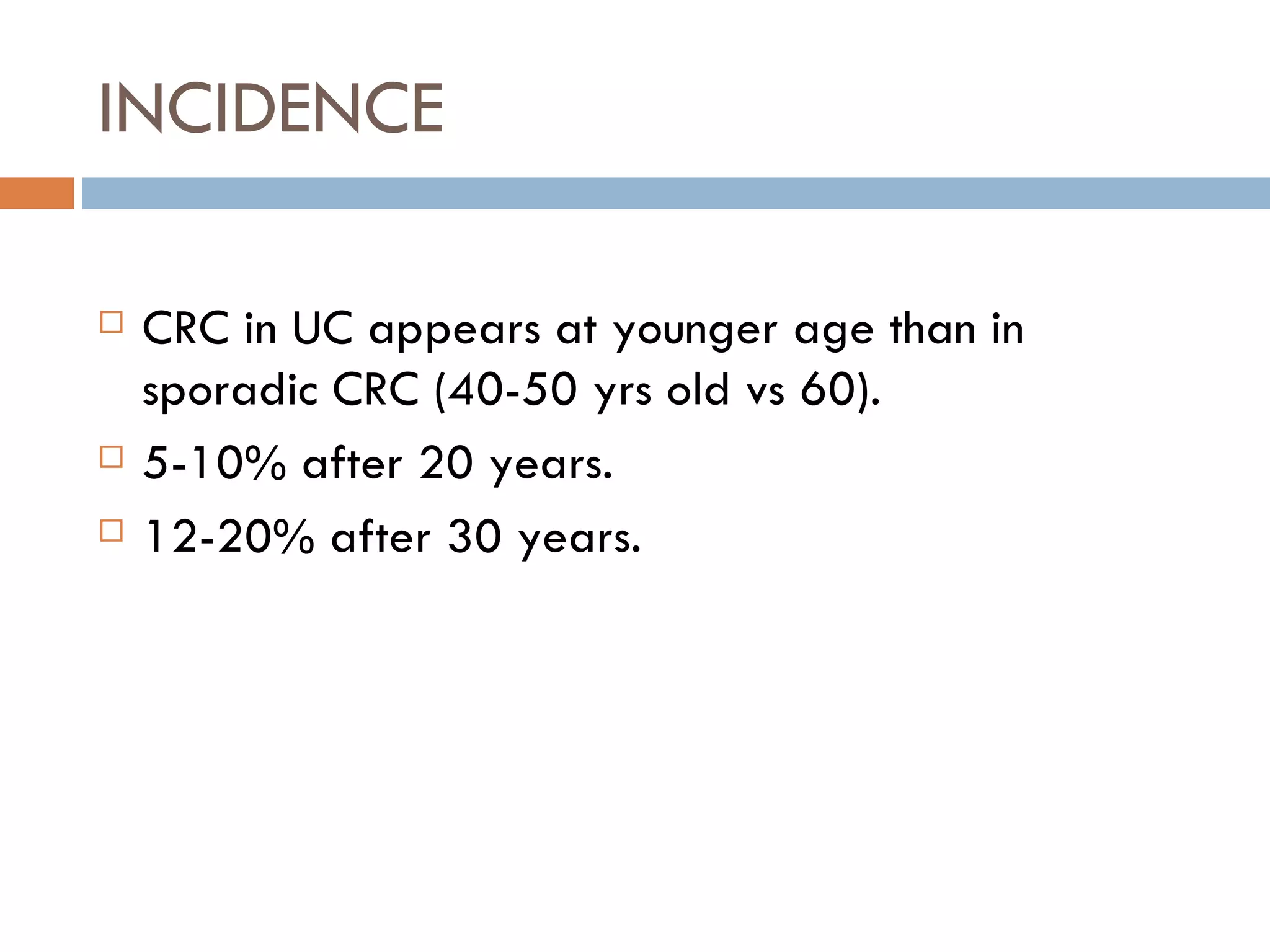 INCIDENCE  CRC in UC appears at younger age than in sporadic CRC (40-50 yrs old vs 60). 5-10% after 20 years. 12-20% after 30 years. 