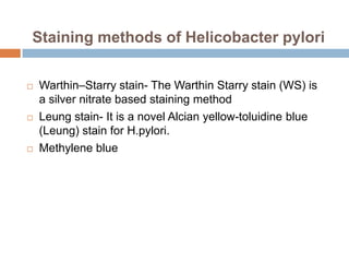 Staining methods of Helicobacter pylori






Warthin–Starry stain- The Warthin Starry stain (WS) is
a silver nitrate based staining method
Leung stain- It is a novel Alcian yellow-toluidine blue
(Leung) stain for H.pylori.
Methylene blue

 
