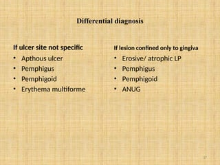 37
Differential diagnosis
If ulcer site not specific
• Apthous ulcer
• Pemphigus
• Pemphigoid
• Erythema multiforme
If lesion confined only to gingiva
• Erosive/ atrophic LP
• Pemphigus
• Pemphigoid
• ANUG
 