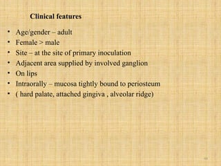 44
Clinical features
• Age/gender – adult
• Female > male
• Site – at the site of primary inoculation
• Adjacent area supplied by involved ganglion
• On lips
• Intraorally – mucosa tightly bound to periosteum
• ( hard palate, attached gingiva , alveolar ridge)
 