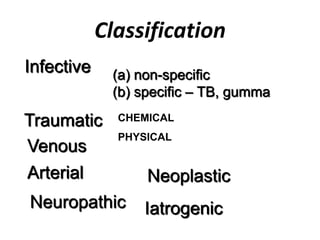 Classification
Infective (a) non-specific
(b) specific – TB, gumma
Traumatic
Venous
Arterial
Neuropathic
Neoplastic
Iatrogenic
CHEMICAL
PHYSICAL
 