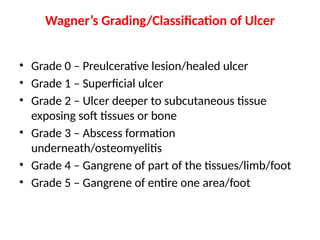 Wagner’s Grading/Classification of Ulcer
• Grade 0 – Preulcerative lesion/healed ulcer
• Grade 1 – Superficial ulcer
• Grade 2 – Ulcer deeper to subcutaneous tissue
exposing soft tissues or bone
• Grade 3 – Abscess formation
underneath/osteomyelitis
• Grade 4 – Gangrene of part of the tissues/limb/foot
• Grade 5 – Gangrene of entire one area/foot
 