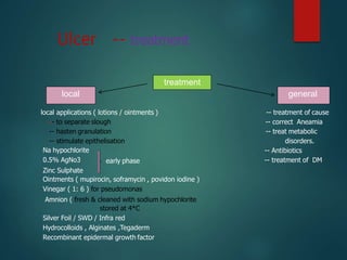 Ulcer -- treatment
local applications ( lotions / ointments )
-- to separate slough
-- hasten granulation
-- stimulate epithelisation
-- treatment of cause
-- correct Aneamia
-- treat metabolic
disorders.
-- Antibiotics
-- treatment of DM
Na hypochlorite
0.5% AgNo3
Zinc Sulphate
early phase
Ointments ( mupirocin, soframycin , povidon iodine )
Vinegar ( 1: 6 ) for pseudomonas
Amnion ( fresh & cleaned with sodium hypochlorite
stored at 4*C
Silver Foil / SWD / Infra red
Hydrocolloids , Alginates ,Tegaderm
Recombinant epidermal growth factor
treatment
generallocal
 