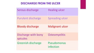 DISCHARGE FROM THE ULCER
Serous discharge Healing ulcer
Purulent discharge Spreading ulcer
Bloody discharge Malignant ulcer
Discharge with bony
spicules
Osteomyelitis
Greenish discharge Pseudomonas
infection
 