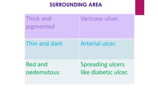 SURROUNDING AREA
Thick and
pigmented
Varicose ulcer.
Thin and dark Arterial ulcer.
Red and
oedematous
Spreading ulcers
like diabetic ulcer.
 