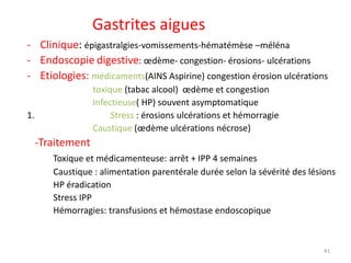 Gastrites aigues
- Clinique: épigastralgies-vomissements-hématémèse –méléna
- Endoscopie digestive: œdème- congestion- éro...