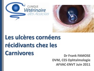 Les ulcères cornéens
récidivants chez les
Carnivores             Dr Frank FAMOSE
                 DVM, CES Ophtalmologie
                   AFVAC-ENVT Juin 2011
 