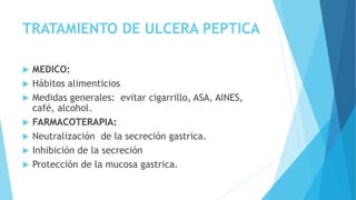 TRATAMIENTO DE ULCERA PEPTICA
 INFECCION POR H. PYLORI:
 La tasa de recurrencia 60 a 85% a los 12 m de la
cicatrización ...