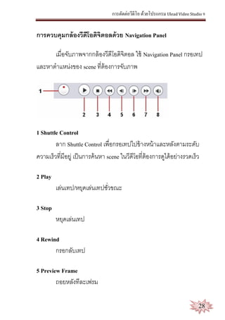 การตัดต่อวีดีโอ ด้วยโปรแกรม Ulead Video Studio 9
28
การควบคุมกล้องวีดีโอดิจิตอลด้วย Navigation Panel
เมื่อจับภาพจากกล้องวีดีโอดิจิตอล ใช้ Navigation Panel กรอเทป
และหาตาแหน่งของ scene ที่ต้องการจับภาพ
1 Shuttle Control
ลาก Shuttle Control เพื่อกรอเทปไปข้างหน้าและหลังตามระดับ
ความเร็วที่มีอยู่ เป็นการค้นหา scene ในวีดีโอที่ต้องการดูได้อย่างรวดเร็ว
2 Play
เล่นเทป/หยุดเล่นเทปชั่วขณะ
3 Stop
หยุดเล่นเทป
4 Rewind
กรอกลับเทป
5 Preview Frame
ถอยหลังทีละเฟรม
 
