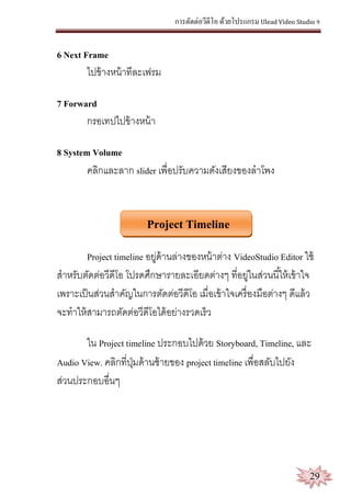 การตัดต่อวีดีโอ ด้วยโปรแกรม Ulead Video Studio 9
29
6 Next Frame
ไปข้างหน้าทีละเฟรม
7 Forward
กรอเทปไปข้างหน้า
8 System Volume
คลิกและลาก slider เพื่อปรับความดังเสียงของลาโพง
Project Timeline
Project timeline อยู่ด้านล่างของหน้าต่าง VideoStudio Editor ใช้
สาหรับตัดต่อวีดีโอ โปรดศึกษารายละเอียดต่างๆ ที่อยู่ในส่วนนี้ให้เข้าใจ
เพราะเป็นส่วนสาคัญในการตัดต่อวีดีโอ เมื่อเข้าใจเครื่องมือต่างๆ ดีแล้ว
จะทาให้สามารถตัดต่อวีดีโอได้อย่างรวดเร็ว
ใน Project timeline ประกอบไปด้วย Storyboard, Timeline, และ
Audio View. คลิกที่ปุ่มด้านซ้ายของ project timeline เพื่อสลับไปยัง
ส่วนประกอบอื่นๆ
 