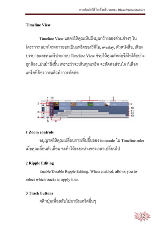 การตัดต่อวีดีโอ ด้วยโปรแกรม Ulead Video Studio 9
32
Timeline View
Timeline View แสดงให้คุณเห็นถึงมุมกว้างของส่วนต่างๆ ใน
โครงการ แยกโครงการออกเป็นแทร็คของวีดีโอ, overlay, ตัวหนังสือ, เสียง
บรรยายและดนตรีประกอบ Timeline View ช่วยให้คุณตัดต่อวีดีโอได้อย่าง
ถูกต้องแม่นยายิ่งขึ้น เพราะว่าจะเห็นทุกแทร็ค จะตัดต่อส่วนใด ก็เลือก
แทร็คที่ต้องการแล้วทาการตัดต่อ
1 Zoom controls
อนุญาตให้คุณเปลี่ยนการเพิ่มขึ้นของ timecode ใน Timeline ruler
เมื่อคุณเลื่อนตัวเลื่อน จะทาให้ระยะห่างของเวลาเปลี่ยนไป
2 Ripple Editing
Enable/Disable Ripple Editing. When enabled, allows you to
select which tracks to apply it to.
3 Track buttons
คลิกปุ่มเพื่อสลับไปมายังแทร็คอื่นๆ
 
