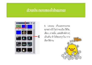 6. Library เก็บและรวบรวม
ทุกอยางไว ไมวาจะเปน วีดีโอ,
เสียง, ภาพนิ่ง, เอฟเฟกตตางๆ
เป น ต น ทํ า ให ส ะดวกใน การ
เรียกใชงาน
 