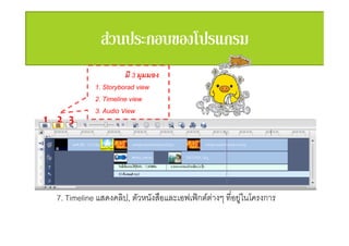 มี 3 มุมมอง
             1. Storyborad view
             2. Timeline view
             3. Audio View
1 2 3




  7. Timeline แสดงคลิป, ตัวหนังสือและเอฟเฟกตตางๆ ที่อยูในโครงการ
 