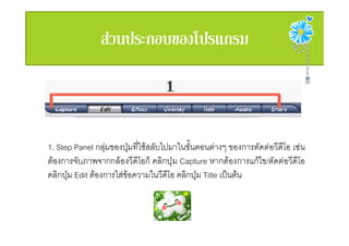 1. Step Panel กลุมของปุมที่ใชสลับไปมาในขั้นตอนตางๆ ของการตัดตอวีดีโอ เชน
ตองการจับภาพจากกลองวีดีโอก็ คลิกปุม Capture หากตองการแกไข/ตัดตอวีดีโอ
คลิกปุม Edit ตองการใสขอความในวีดีโอ คลิกปุม Title เปนตน
 