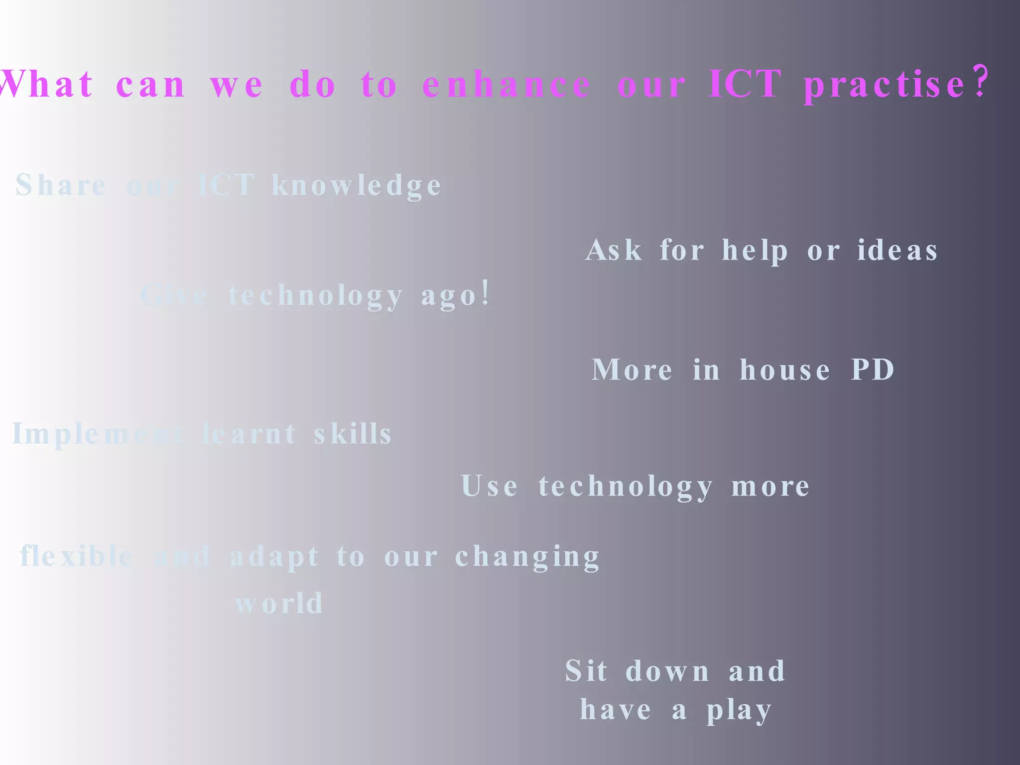 What can we do to enhance our ICT practise?   Share our ICT knowledge   Ask for help or ideas   Give technology ago! More in house PD   Implement learnt skills   Use technology more   Be flexible and adapt to our changing  world   Sit down and have a play 
