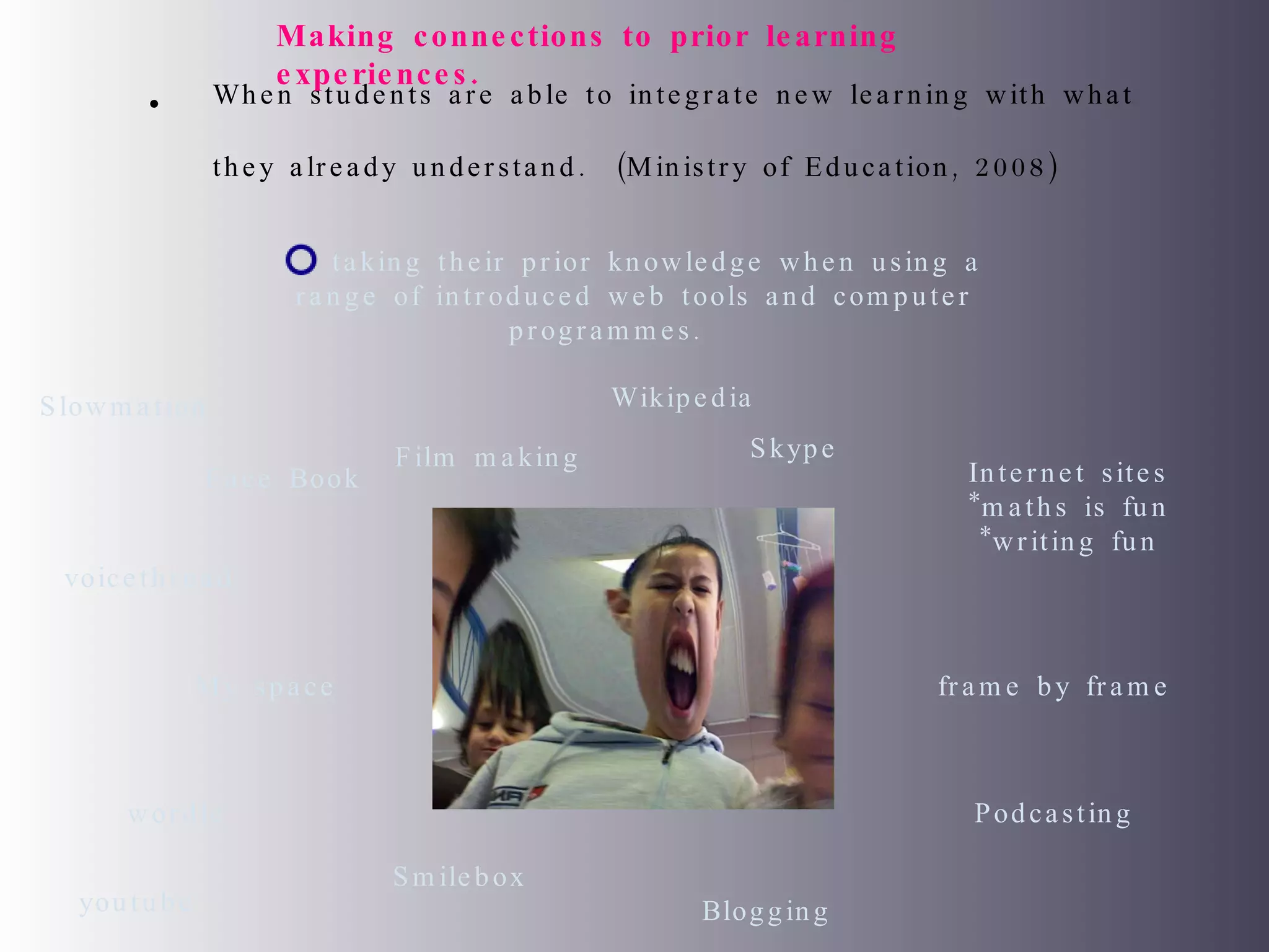 When students are able to integrate new learning with what they already understand.  (Ministry of Education, 2008) taking their prior knowledge when using a range of introduced web tools and computer programmes.  wordle Smilebox Podcasting voicethread   frame by frame Slowmation   Film making   Internet sites *maths is fun *writing fun Face Book My space Blogging   Skype youtube Wikipedia Making connections to prior learning experiences.  