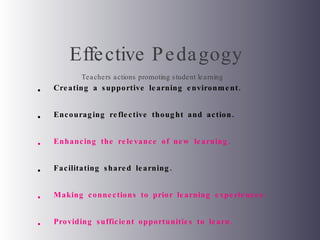 Effective Pedagogy   Teachers actions promoting student learning Creating a supportive learning environment. Encouraging reflective thought and action. Enhancing the relevance of new learning. Facilitating shared learning. Making connections to prior learning experiences.  Providing sufficient opportunities to learn.  