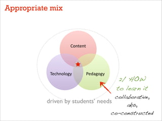 2/ HOW
to learn it
collaborative,
akō,
co-constructed
Content&
Pedagogy&Technology&
driven by students’ needs
Appropriate mix
 