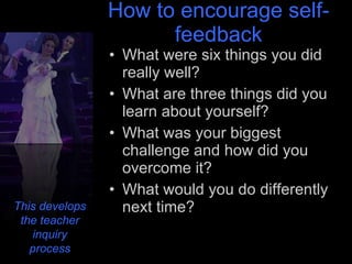 How to encourage self-feedback What were six things you did really well? What are three things did you learn about yourself? What was your biggest challenge and how did you overcome it? What would you do differently next time? This develops the teacher inquiry process 