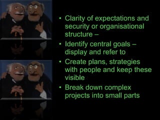 Clarity of expectations and security or organisational structure –  Identify central goals –display and refer to Create plans, strategies with people and keep these visible Break down complex projects into small parts 